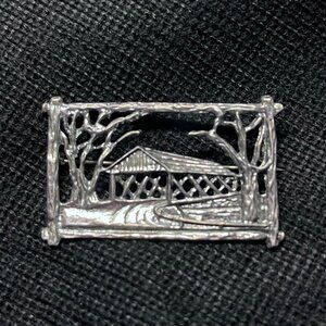 Sterling Silver Rectangular Scenic Covered Bridge Brooch Pin